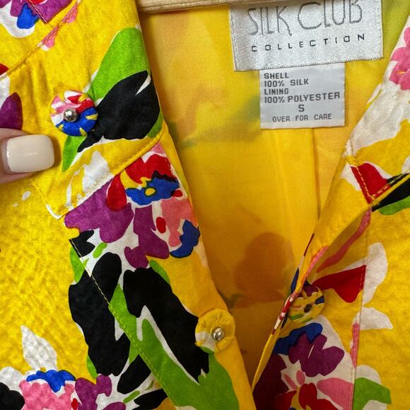 Silk Jacket Womens Yellow Floral Hawaiian Dopamine Core Bright Happy Tropical - Picture 11 of 12